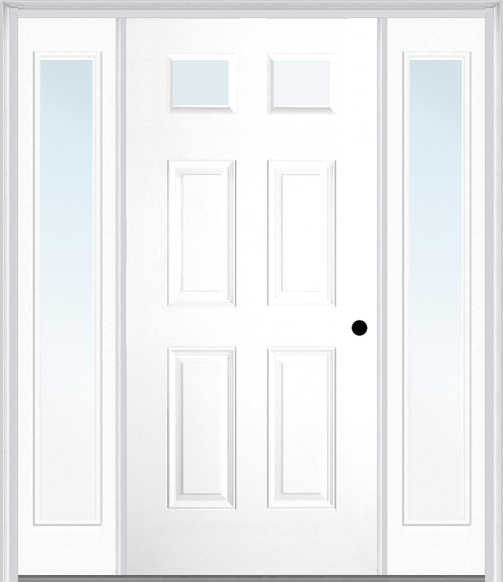MMI 2-1/4 LITE 4 PANEL 3'0" X 6'8" FIBERGLASS SMOOTH EXTERIOR PREHUNG DOOR WITH 2 FULL LITE CLEAR GLASS SIDELIGHTS 23